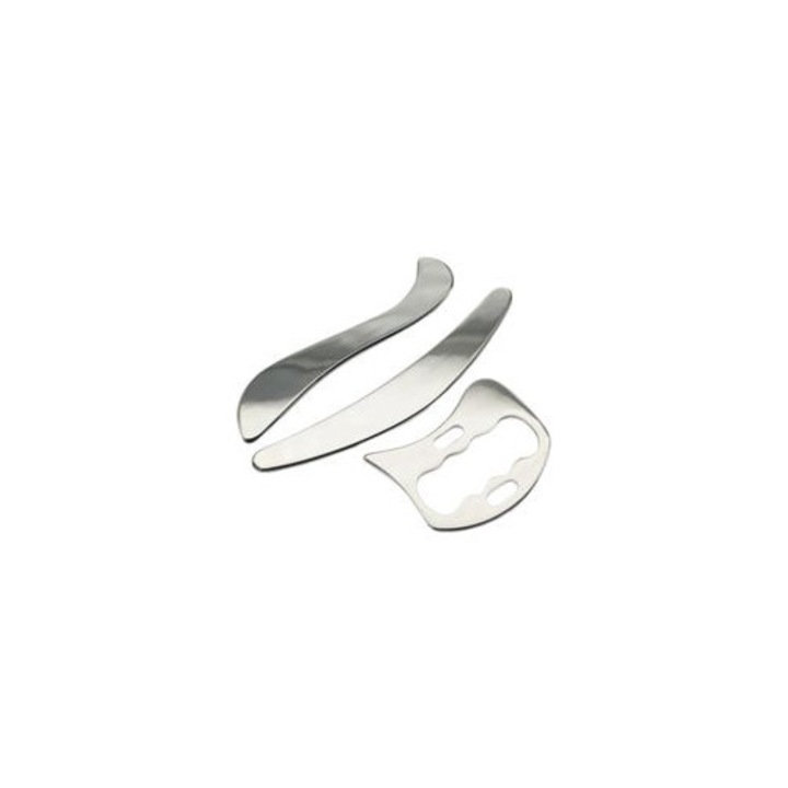 Gua Sha стъргалка от неръждаема стомана, ергономична, 3 в 1, сребриста, 10x7см