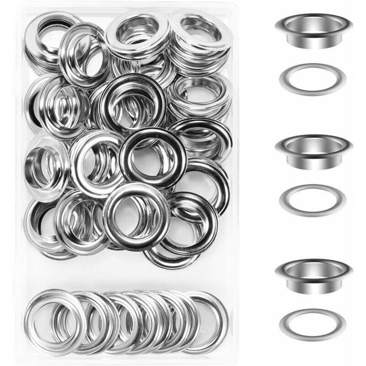 Set 50 ochiuri metalice 20x30mm argintiu pentru reparatii corturi si textile