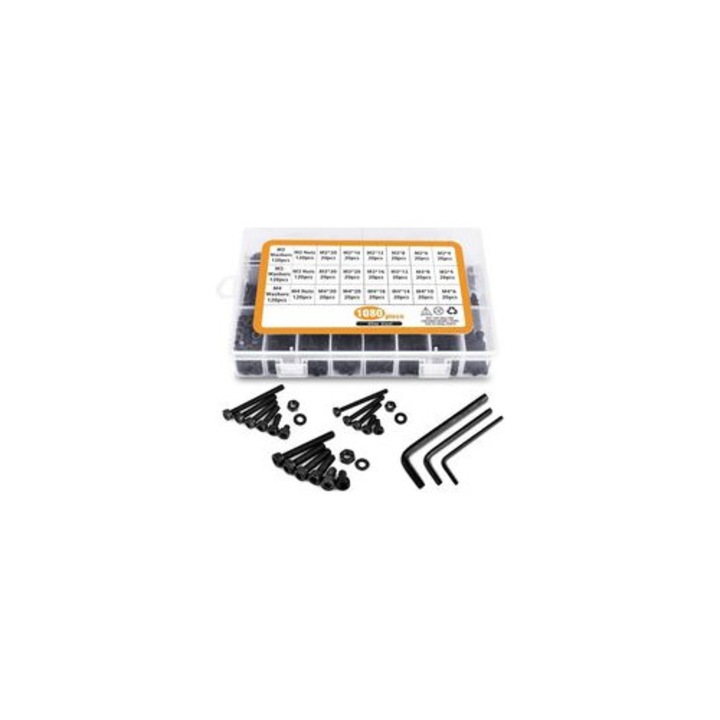 Set suruburi inox hexagonale M2 M3 M4 cu piulite si saibe, negru, 1080 piese