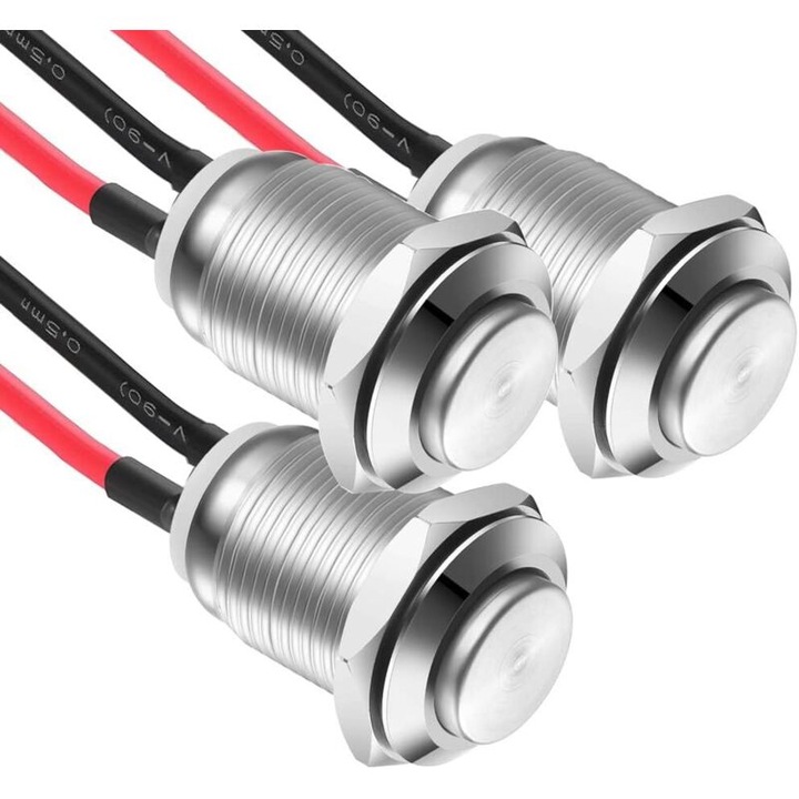 3 db önzáró nyomógombos kapcsoló készlet, rozsdamentes acél, 12mm, 2A, vezetékkel