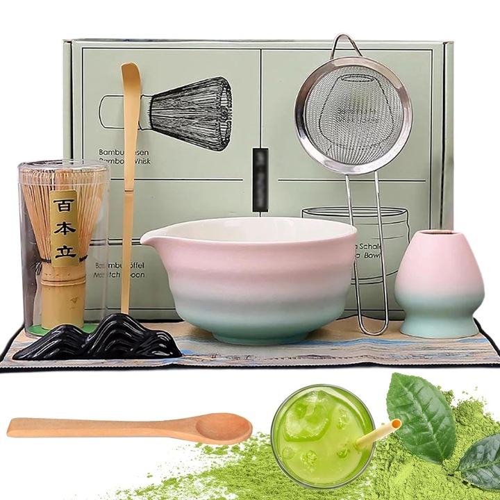 Set de ceai matcha 8 piese, Bol matcha, tel de ceai, suport pentru tel de ceai, 2x lingura, suport pentru lingura, laveta de ceai, sita.Usor de curatat, Estetic placut, superioara.Sigur, durabil.Incepatori si iubitori experimentati de matcha.Ceramica, roz