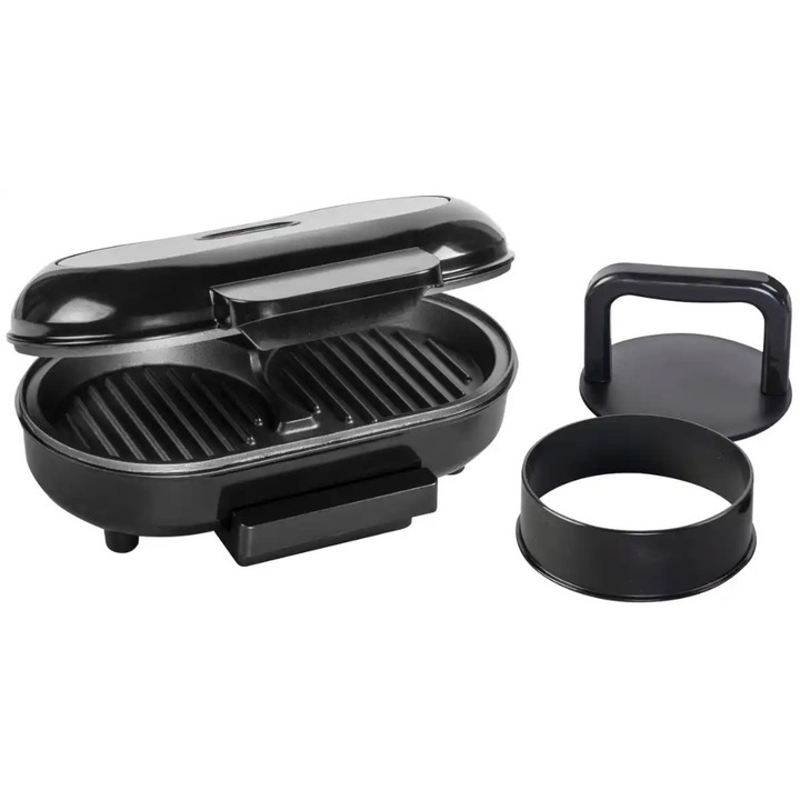 Aparat Electric Hamburgeri Bestron Funcooking 750W, Antiaderent, Accesoriu Presare, Indicatori LED, Garantie 5 Ani, Negru
