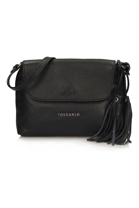 TOSCANIO, Geanta crossbody din piele cu clapa si canaf, Negru