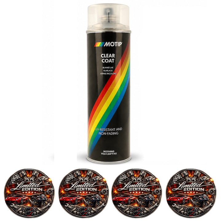 Lac Transparent Spray Acrilic MOTIP Clear Coat 500 ml, Protectie Vopsea Auto, Rezistent UV, Anticoroziv, Uscare Rapida, Aderenta Excelenta, 4x Stickere auto
