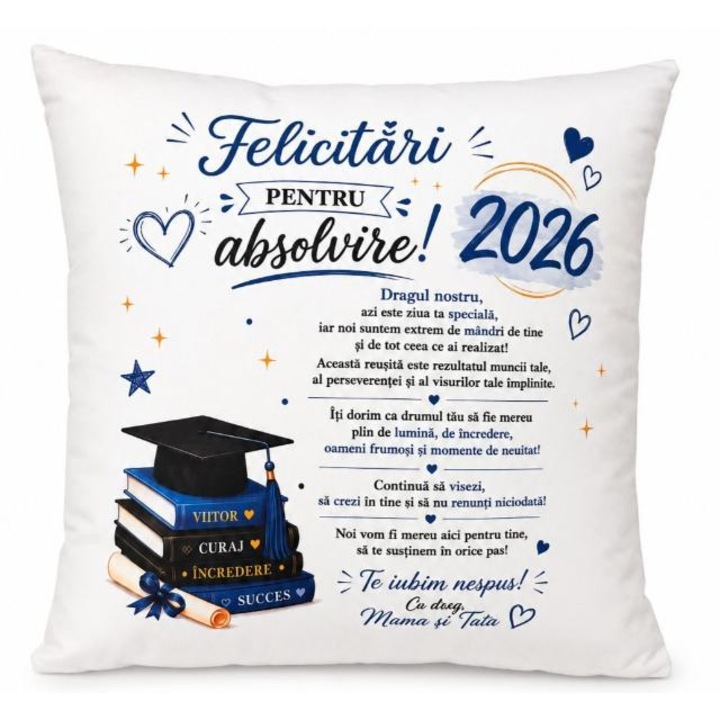 Perna Decorativa Personalizata Absolvire 2026 - Cadou pentru Fiu, 40x40 cm, poliester, alba