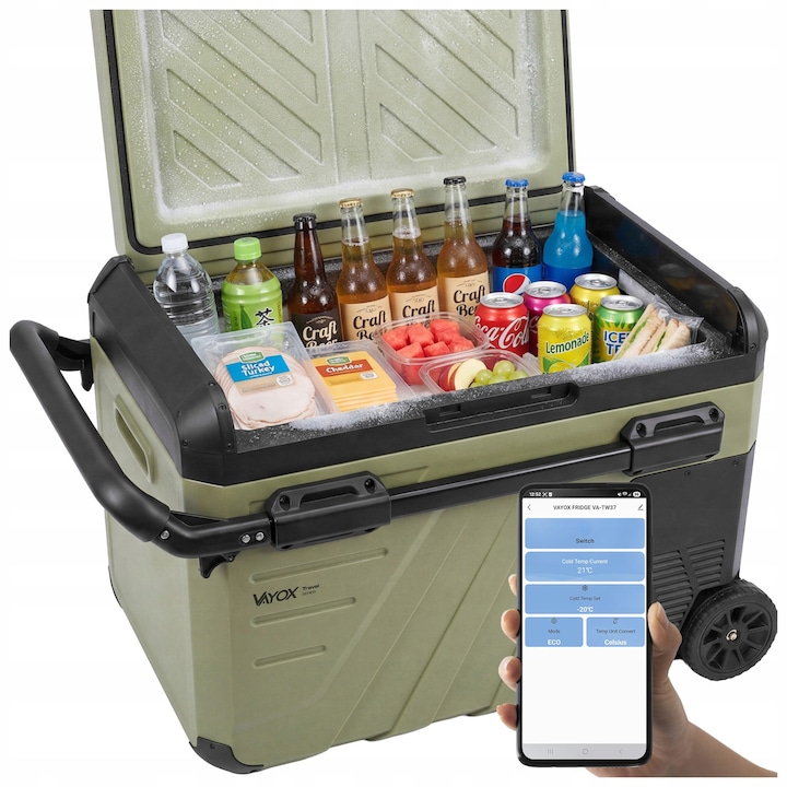 Frigider Portabil auto cu compresor Vayox VA-TW37 Expedition Pro Series, pe roti, 35L 65W, 2 compartimente, Silentios, Verde