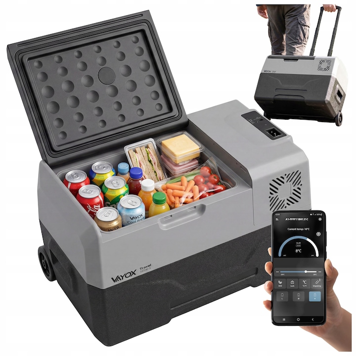 Frigider Portabil auto cu compresor Vayox VA-T35 Travel Series, 35L, roti, un compartiment, DC12/24V, AC 220-240V, Gri