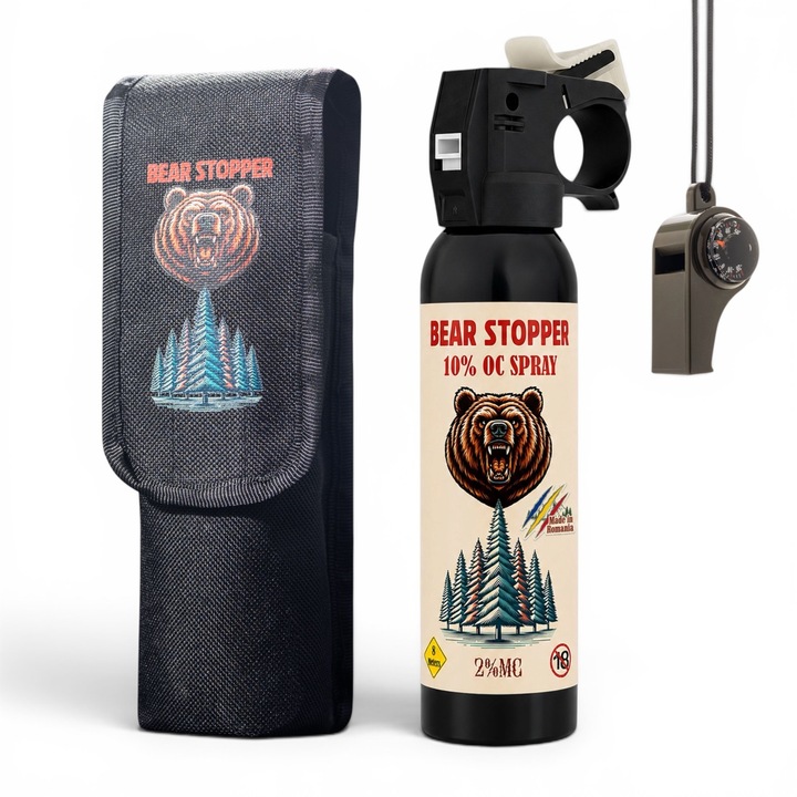 Spray cu Piper Anti Urs Bear Stopper 150 ml + Fluier 3 in 1 cu Busola si Termometru Inclus, Spray Autoaparare Profesional pentru Ursi, Caini, Lupi, Sacali si alte Animale Salbatice, Raza 8-10 m, Ideal pentru Hiking, Camping, Pescuit si Activitati Outdoor