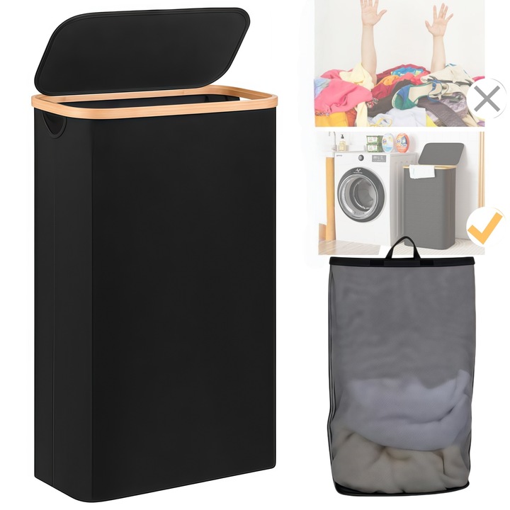 Cos de rufe din cu capac, NovaHub-QW, cu Cos pentru rufe, pliabil, cu capac si sac de rufe detasabil, Storage Large, portabil, design din bambus, negru, Poate folosi ca cos de gunoi, Panza Oxford, Pentru jucarii de haine in dormitor si in familie