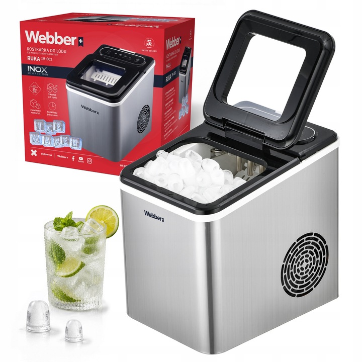 Masina de gheata WEBBER RUKA IM-002 din otel inoxidabil, 13 kg, 165 W, 2 dimensiuni de cuburi, 1, 5 l