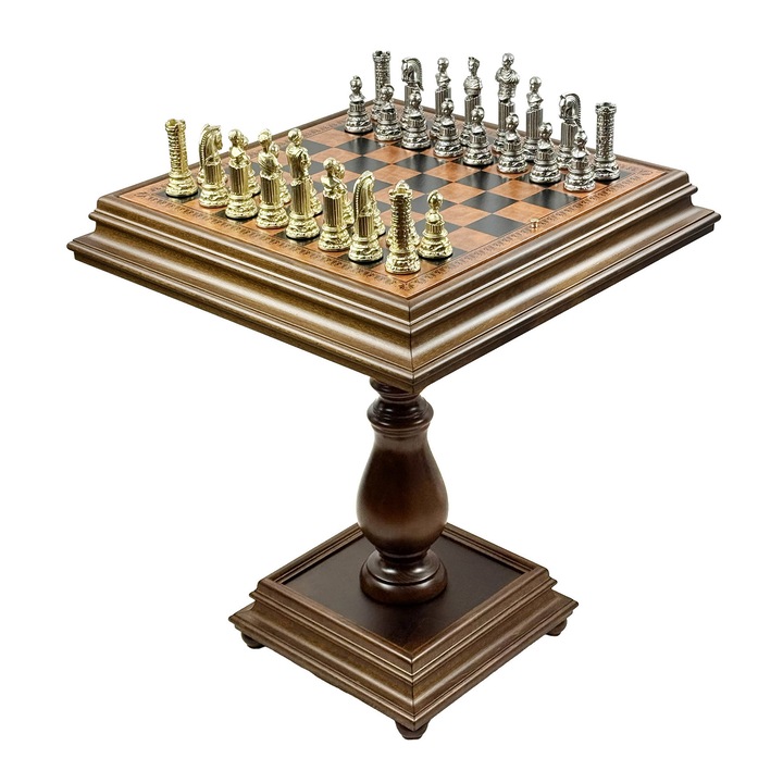 Set sah si dame Italfama, masa lemn lamai 55x55x66cm, piese sah bronz 12cm, piese dame lemn natural