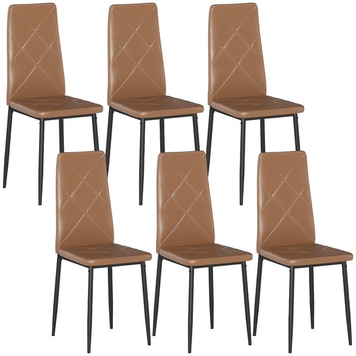 Set de 6 Scaune de Dining Moderne cu Spatar Inalt, HOMCOM, din Piele Ecologica si Otel, 41x50x97 cm, Maro
