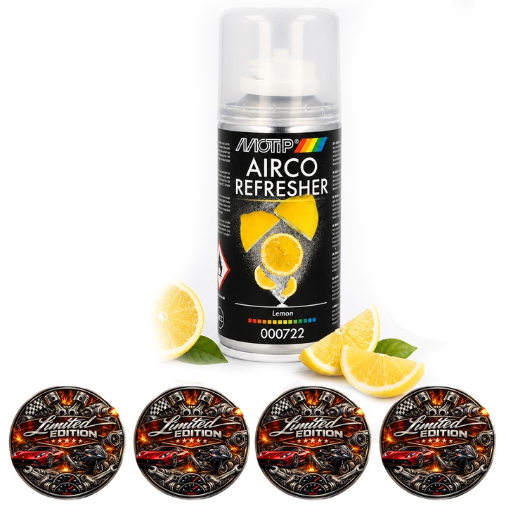 Spray Reimprospatare Aer Conditionat MOTIP Airco Refresher Lemon, Parfum Lamaie, pentru Sistem A/C si Ventilatie Auto, Aplicare One Shot, 150 ml, 4x Stickere auto