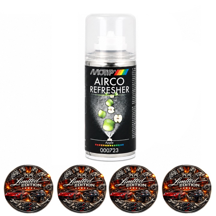 Spray Reimprospatare Aer Conditionat MOTIP Airco Refresher Apple, Parfum Mar, pentru Sistem A/C si Ventilatie Auto, Aplicare One Shot, 150 ml, 4x Stickere auto
