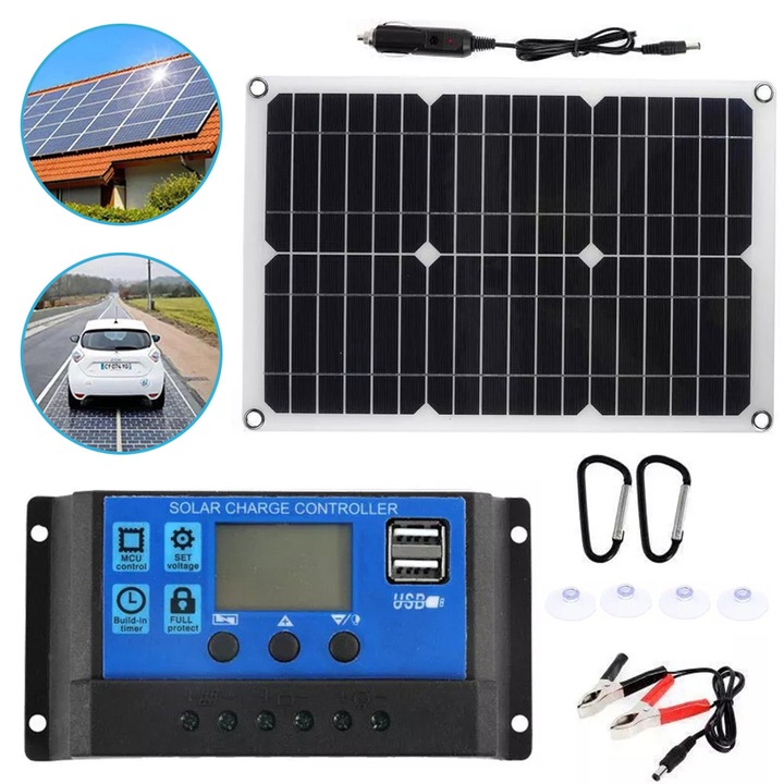 Kit Panouri Solare Sistem Monocristalin De 20W Pentru Case, Rulote, Barca, Container, Iluminat + Controler De Incarcare Solara LCD 100A, Incarcator Baterie 12/24V, Cu Clema Conector De Incarcare Auto