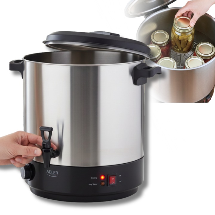 Oala Electrica Pentru Pasteurizare Si Fierbere, Adler, Ad4538, Capacitate 28L, 42x47.5x48.5 cm, Argintiu, Otel Inoxidabil, Putere 3000W, Termostat Reglabil 30-110°C, Robinet De Scurgere Integrat, Incalzitor Distribuitor Bauturi Calde, Vin Fiert, Dispenser