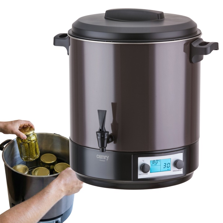 Oala Electrica Pentru Pasteurizare Si Fierbere Bauturi, Camry, CR4537, Capacitate 28L, 42x47.5x48.5 cm, Argintiu, Otel Inoxidabil, Putere Max 2600W, Termostat 30-100°C, Display Lcd, Timer 180 Min, Robinet De Scurgere, Distribuitor Bauturi Calde, Vin Fiert