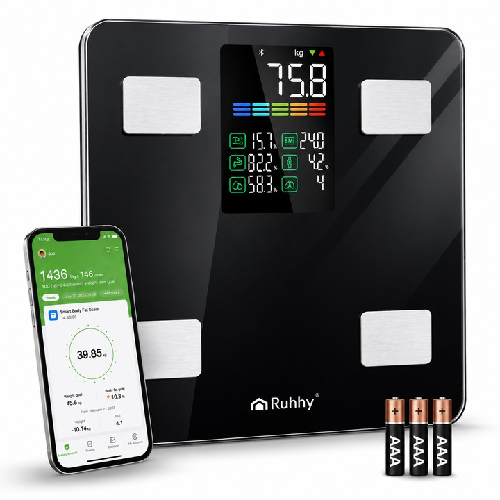 Интелигентен кантар за тяло Ruhhy BMI 226Kg, Пълен анализ на тялото, Bluetooth, Приложение Feelfit, ИТМ, Мазнини, Мускулна маса, Черен