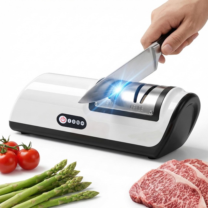 Ascutitor de Cutite Profesional Electric cu 2 Etape, Lwtsrp®, Pentru Diverse de Bucatarie, Functie Rapida de Ascutire si Polizare, Usor de Folosit, Unealta de Bucatarie, Alb, Negru