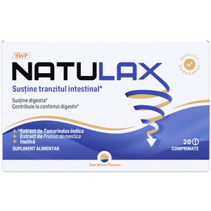 Natulax, Sun Wave Pharma, pentru sustinerea digestiei si a tranzitului intestinal, 20 comprimate