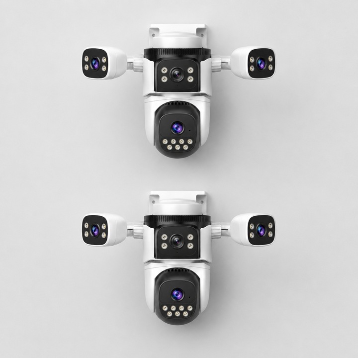 Set 2x Camere Supraveghere WiFi 2K Exterior, 4 Lentile pe Brate Reglabile, 4 Ecrane Simultane, PTZ 360°, Zoom Digital 10X, Urmarire Automata, Night Vision, Spotlight, Audio Bidirectional, IP67, V380 Pro