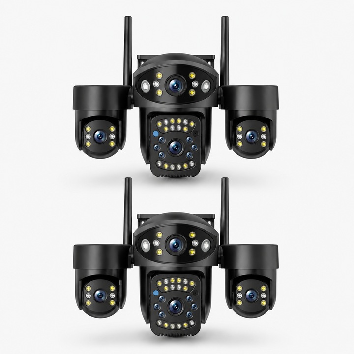 Set 2x Camere de supraveghere WiFi Full HD pentru exterior, 3 lentile PTZ 360°, vizualizare tripla simultana, zoom digital 10X, urmarire automata AI, vedere nocturna color, audio bidirectional, IP67, aplicatie V380 Pro