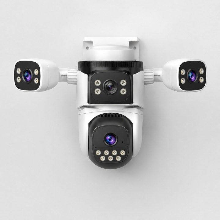 Camera Supraveghere WiFi 2K Exterior, 4 Lentile pe Brate Reglabile, 4 Ecrane Simultane, PTZ 360°, Zoom Digital 10X, Urmarire Automata, Night Vision, Spotlight, Audio Bidirectional, IP67, V380 Pro