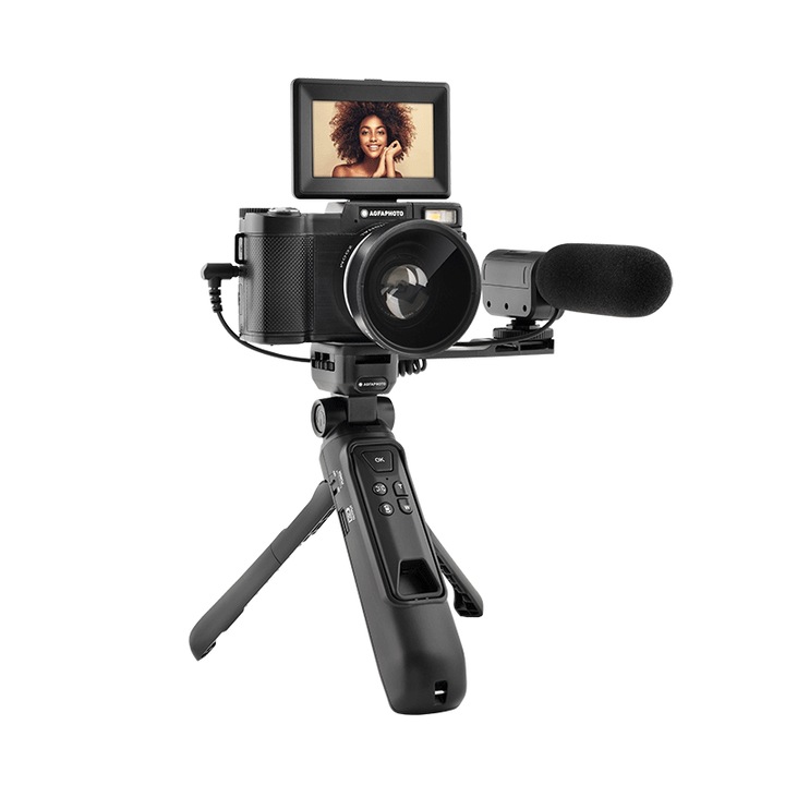 Agfaphoto Realishot VLG4K-DIGS, Camera 4K, zoom digital 16X, include obiectiv wide-angle, trepied cu baterie externa, telecomanda, microfon, Negru