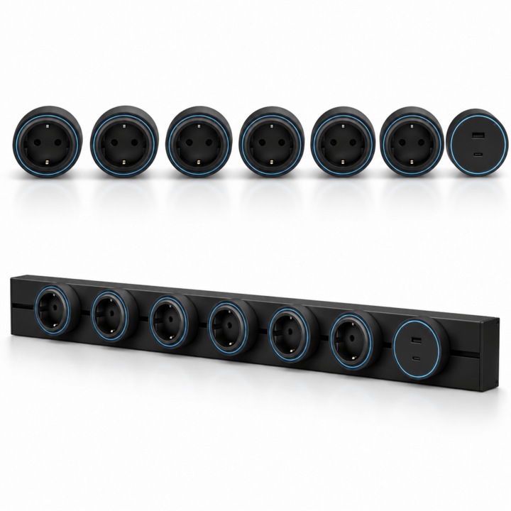 Sina modulara prize Onuvio® 100cm, 8000W, 7 adaptoare (6x priza EU cu impamantare + 1x USB + Type-C), montaj perete/blat, sistem premium birou/bucatarie, Negru