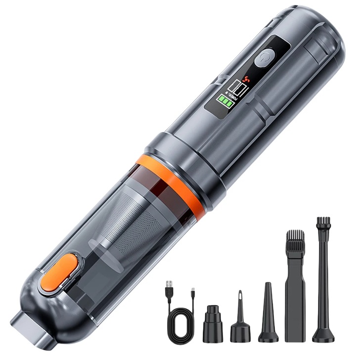 Hordozható porszívó, Aiorber, kefe nélküli motor, három fokozatú beállítás, 3 db 2000 mAh akkumulátor, 16000 Pa, digitális kijelző, egygombos ürítés, narancssárga