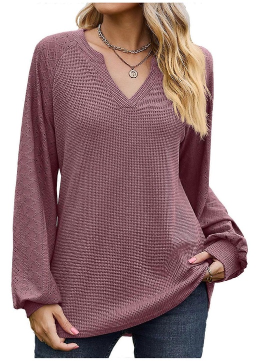 Tricou dama, toamna-iarna, decolteu in V, lejer, caramiziu, fabricat din materiale de calitate