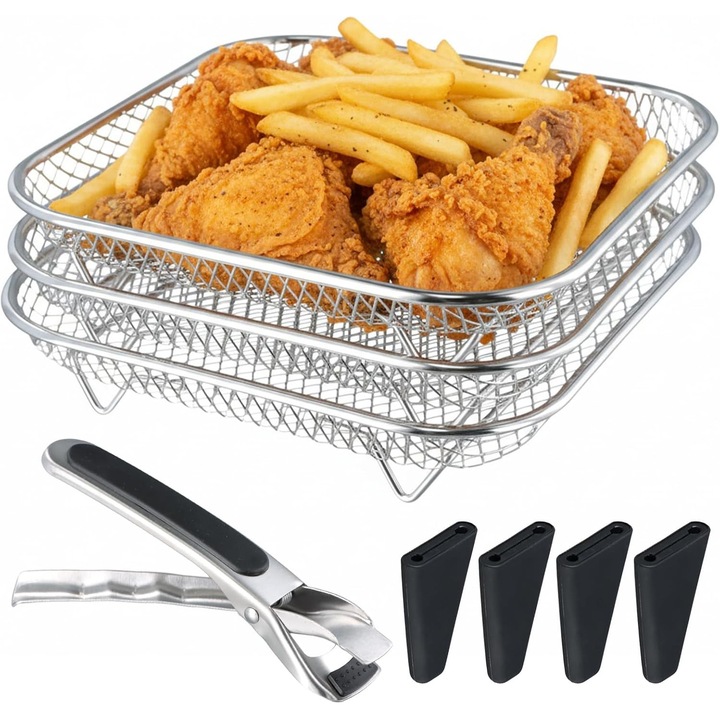 Raft pentru friteuza cu aer cald, stivuibil pe 3 niveluri - Fabricat din otel inoxidabil 304, Accesorii pentru friteuze cu aer cald Cosori, Ninja si Instant, Accesorii grila de 20 cm