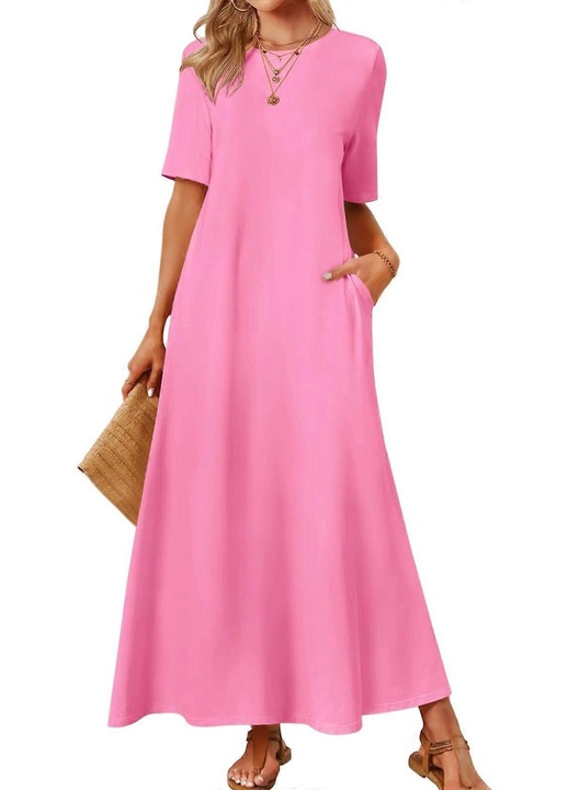 Rochie maxi casual, maneci scurte, buzunare, roz, material moale