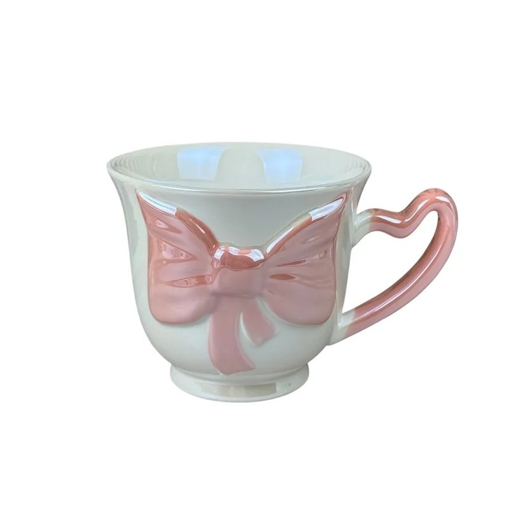 Cana din ceramica „Funda 3D” alba cu funda roz, 480 ml - Cadou universal