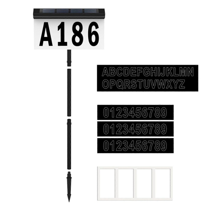 Placa numar casa solara iluminata, rezistenta, alb-negru, 26.4x27.4x15cm
