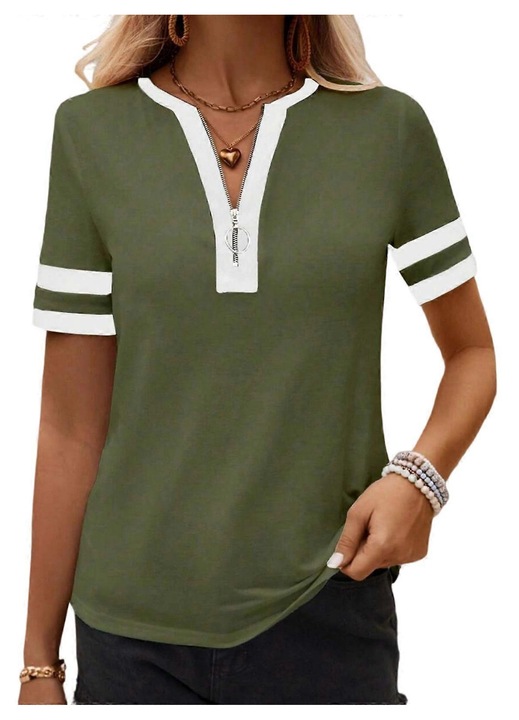Tricouri dama, maneca scurta, bloc de culori, croiala lejera, verde militar