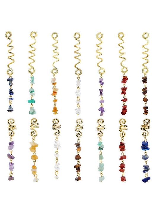 Clips de par 14 buc. 7 culori, bijuterii pentru impletituri cu pandantiv din piatra naturala, bijuterii spiralate pentru Locs, accesorii pentru Dreadlock, amulete de par pentru femei