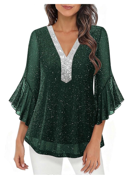 Flitteres felső, V-nyakú dizájn, 3/4-es ujjú, zöld, 95% nejlon, 5% spandex