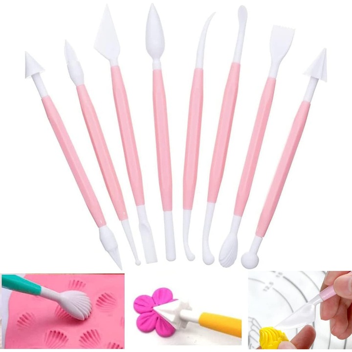 Set de 8 instrumente de baza pentru modelare Fondant | Instrumente de mana cu cap dublu pentru decorarea torturilor si sculptura - Kit pentru pasta de zahar si glazura