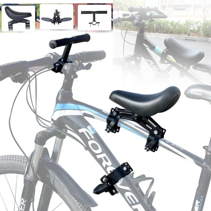 Set scaun pentru copii montat in fata, include manere de sprijin si suporturi pentru picioare, potrivit pentru biciclete de munte si de oras, conceput pentru copii cu varste intre 2 si 5 ani, capacitate de incarcare de 30 kg, usor de montat, negru