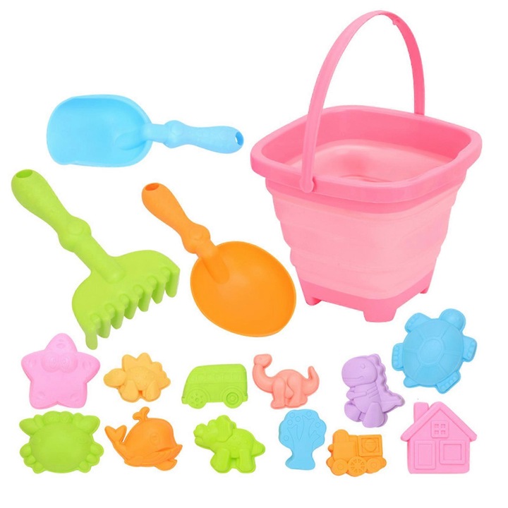 Set jucarii nisip 12-16 piese, plastic, multicolor, 3-5 ani