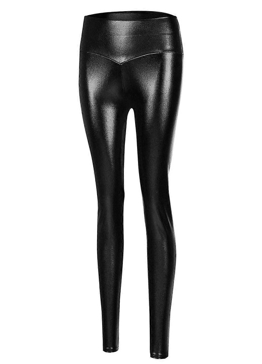 Pantaloni dama, pantaloni elastici din imitatie de piele, lungime 9/10, piele neagra lucioasa