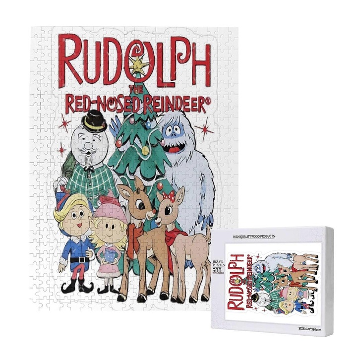 Puzzle Rudolph cu 500 piese, lemn, rosu, 50x70cm