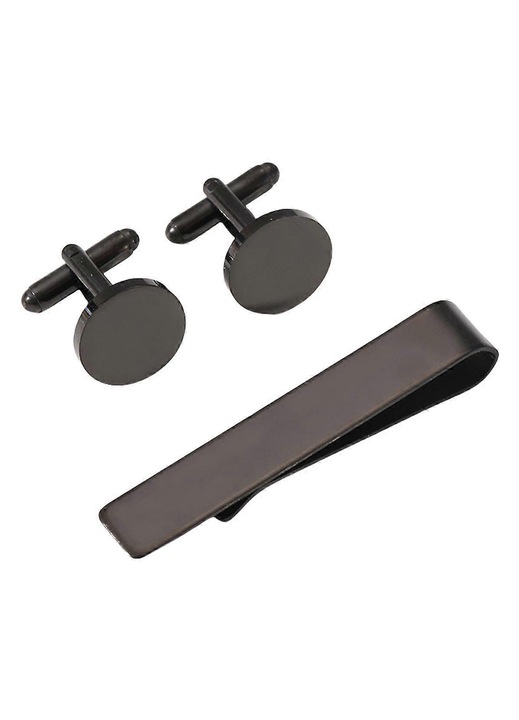 Set butoni si agrafa cravata barbati otel inoxidabil negru auriu 5cm