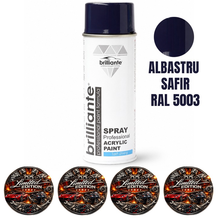 Vopsea Spray Acrilica Brilliante Albastru Safir RAL 5003, Uscare Rapida, pentru Metal, Lemn, PVC, ABS, Ceramica, Piatra si Suprafete Multiple, 400 ml, 4x Stickere auto