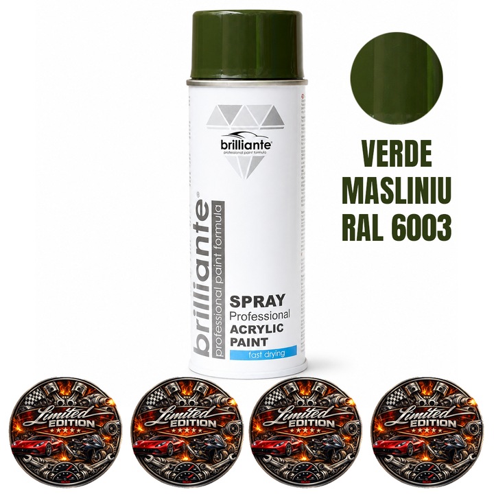 Vopsea Spray Acrilica Brilliante Verde Masliniu RAL 6003, Uscare Rapida, pentru Metal, Lemn, PVC, ABS, Ceramica, Piatra si Suprafete Multiple, 400 ml, 4x Stickere auto