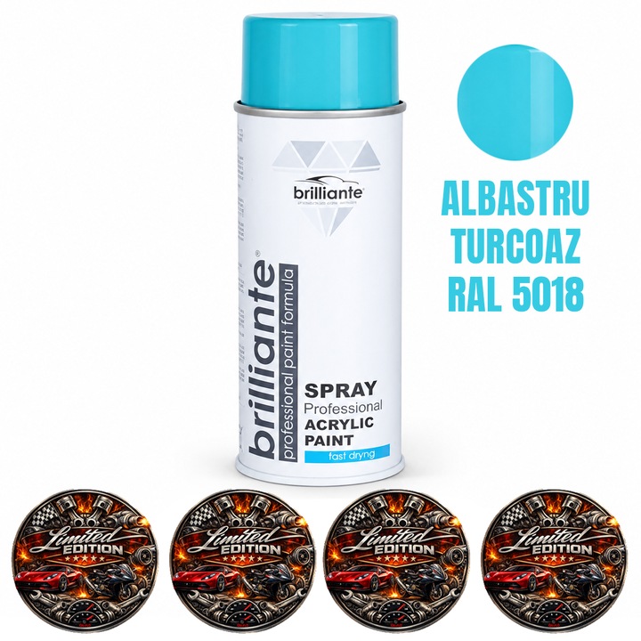 Vopsea Spray Acrilica Brilliante Albastru Turcoaz RAL 5018, Uscare Rapida, pentru Metal, Lemn, PVC, ABS, Ceramica, Piatra si Suprafete Multiple, 400 ml, 4x Stickere auto