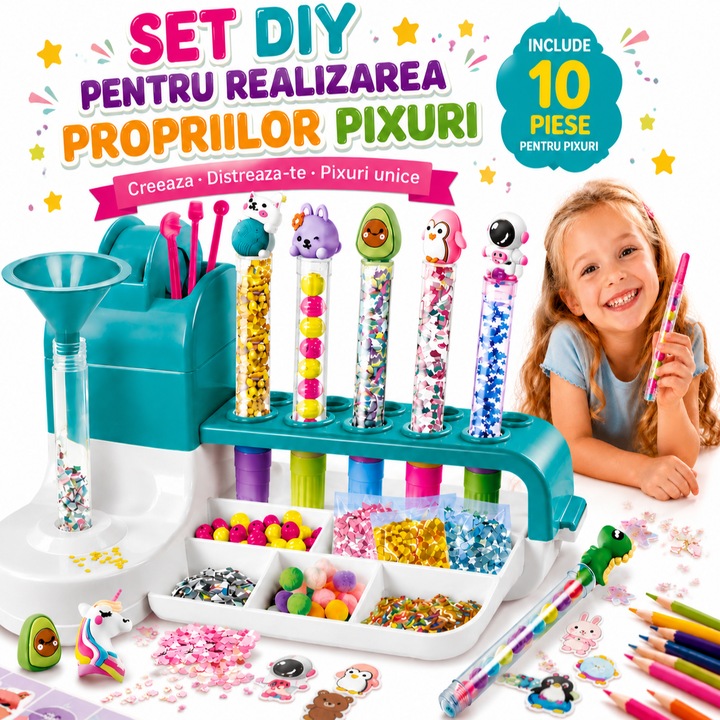 Set creativ pentru copii, Excitat®, DIY Pen Creator, 10 rezerve, Diverse forme de animale, Interactiune parinte-copil, jucarii educationale, nisipurile miscatoare magice, multicolor