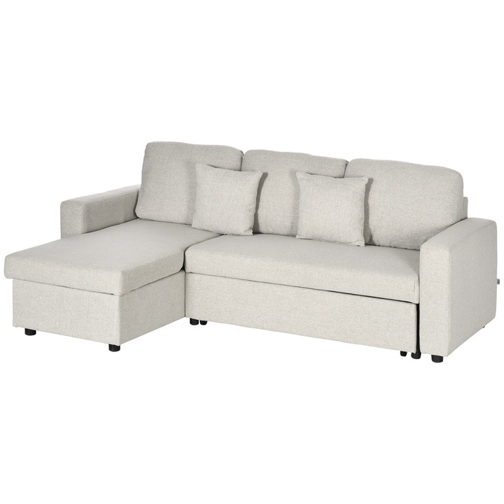 Set Canapea Extensibila, HOMCOM, Material textil cu efect de in, lemn de eucalipt, 225 x 140 x 88 cm, Crem