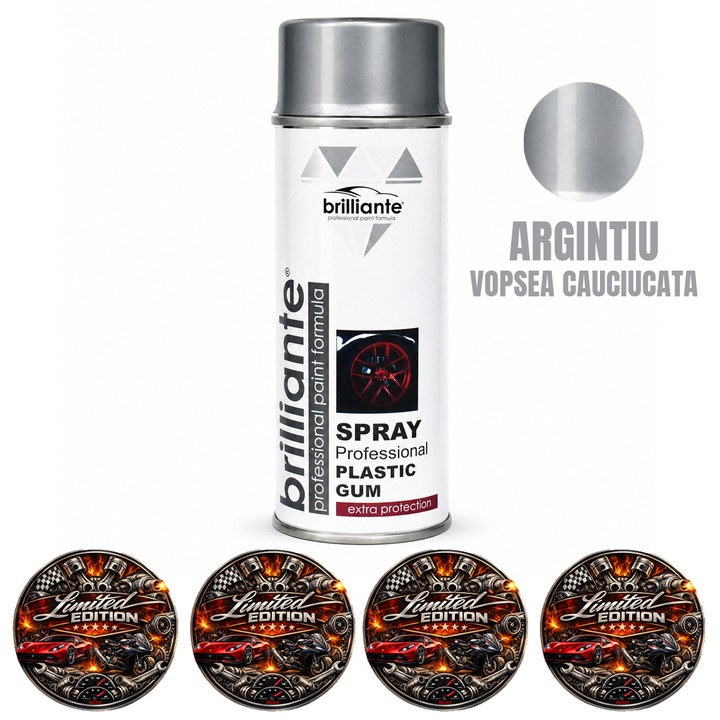 Vopsea Spray Cauciucata Brilliante Argintiu, pentru Jante, Oglinzi, Manere si Proiecte DIY, Aplicare si Indepartare usoara, Uscare Rapida, 400ml, 4x Stickere auto